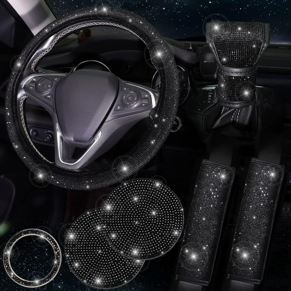 RUseeN 7 PCS Bling Diamond Car Accessories for Women, Sparkly Rhinestone Steering Wheel Cover, Bling Seat Belt Cushion, Glitter Shift Knob Cover, Car Cup Holder Coaster, Cute Interior Sets Black