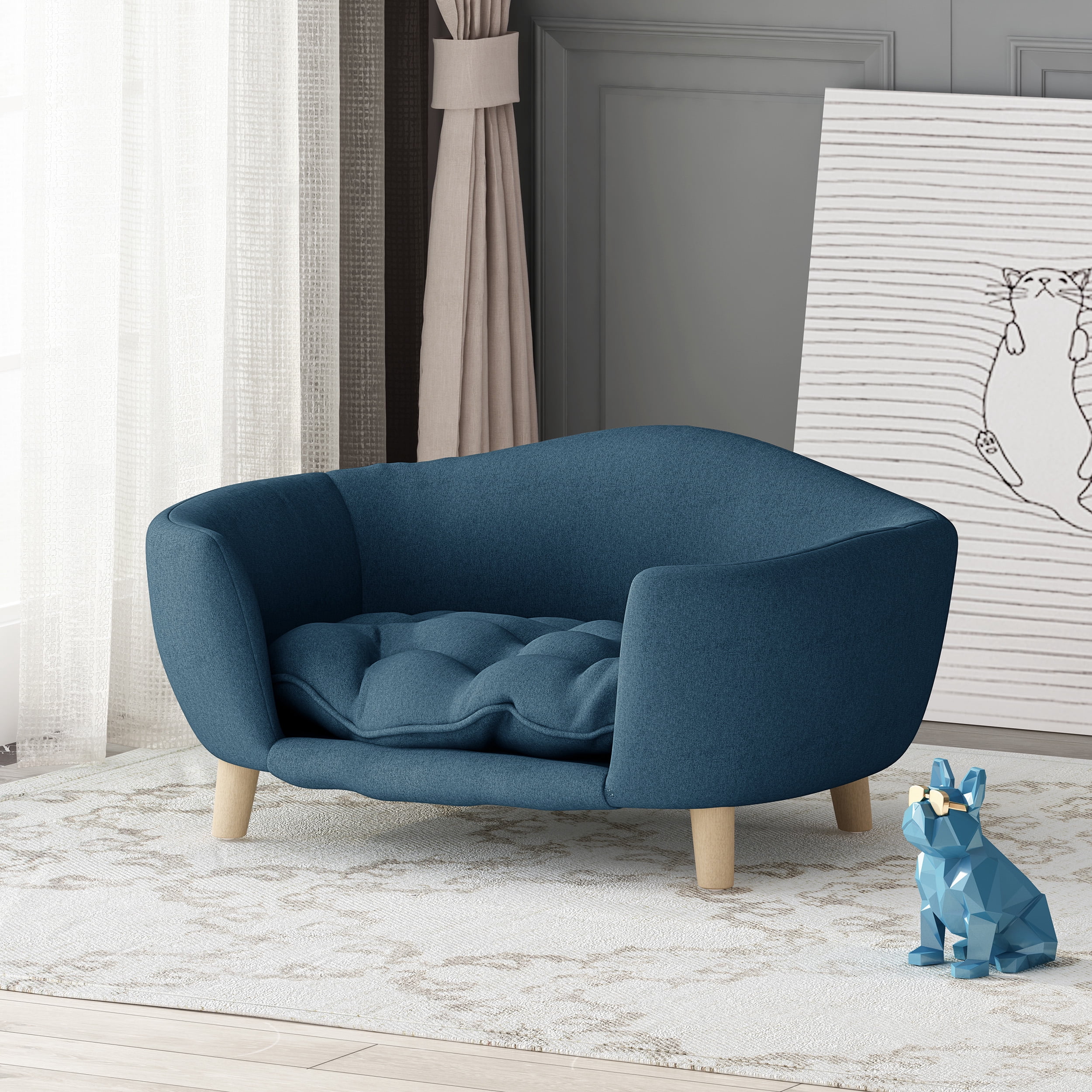 Noaman Mid-Century Modern Dog Bed with Birch Wood Legs & Plush Tufted Cushion, Navy Blue, 30.25in x 21.75in x 14in, Perfect for Small Dogs 11-25lbs