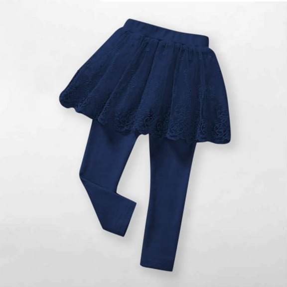 Girls School Uniform Pants, Footless Leggings with Lace Ruffle Tutus Skirts Tights Tall Pants for Kids Navy 4Y