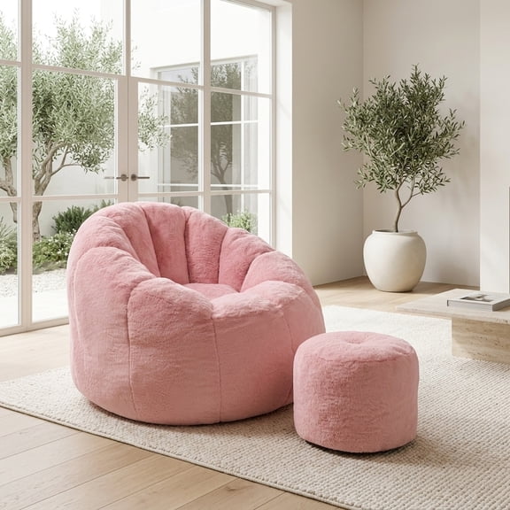 Giant Pink Faux Fur Bean Bag Chair Oversized Shell-Shaped Floor Sofa for Gaming and Reading