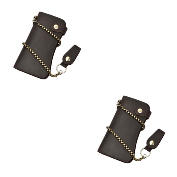 Cartera de cuero Minnieouse para hombre con cadena larga y cremallera, estuche para tarjetas de crédito, Marron oscuro 2piezas