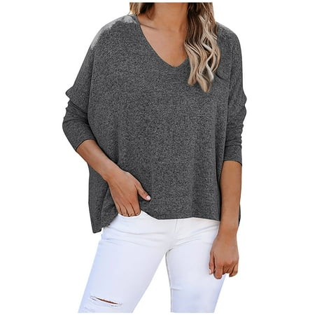 

Women s Long Sleeve Pullover V-Neck Solid Casual Tunic Shirt Loose Basic Sweatshirt Fashion Long Sleeve Comfy Tunic Blouse Top for Ladies