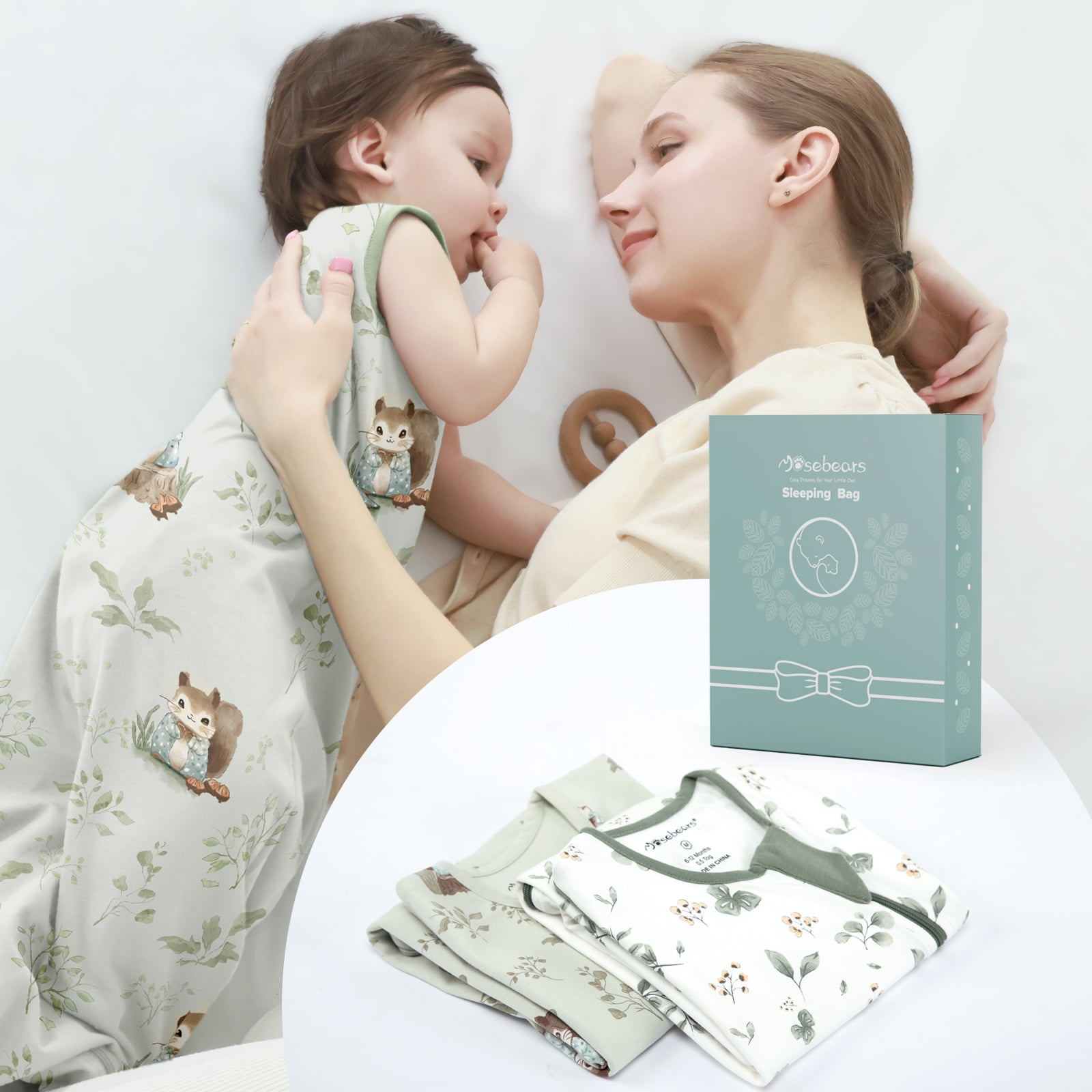 2Pcs Mosebears 0.5 Tog Baby Sleeping Bag - Cotton Summer Sleep Sack for Newborns, Boys & Girls(Animal&Plant,S(0-6 Months))