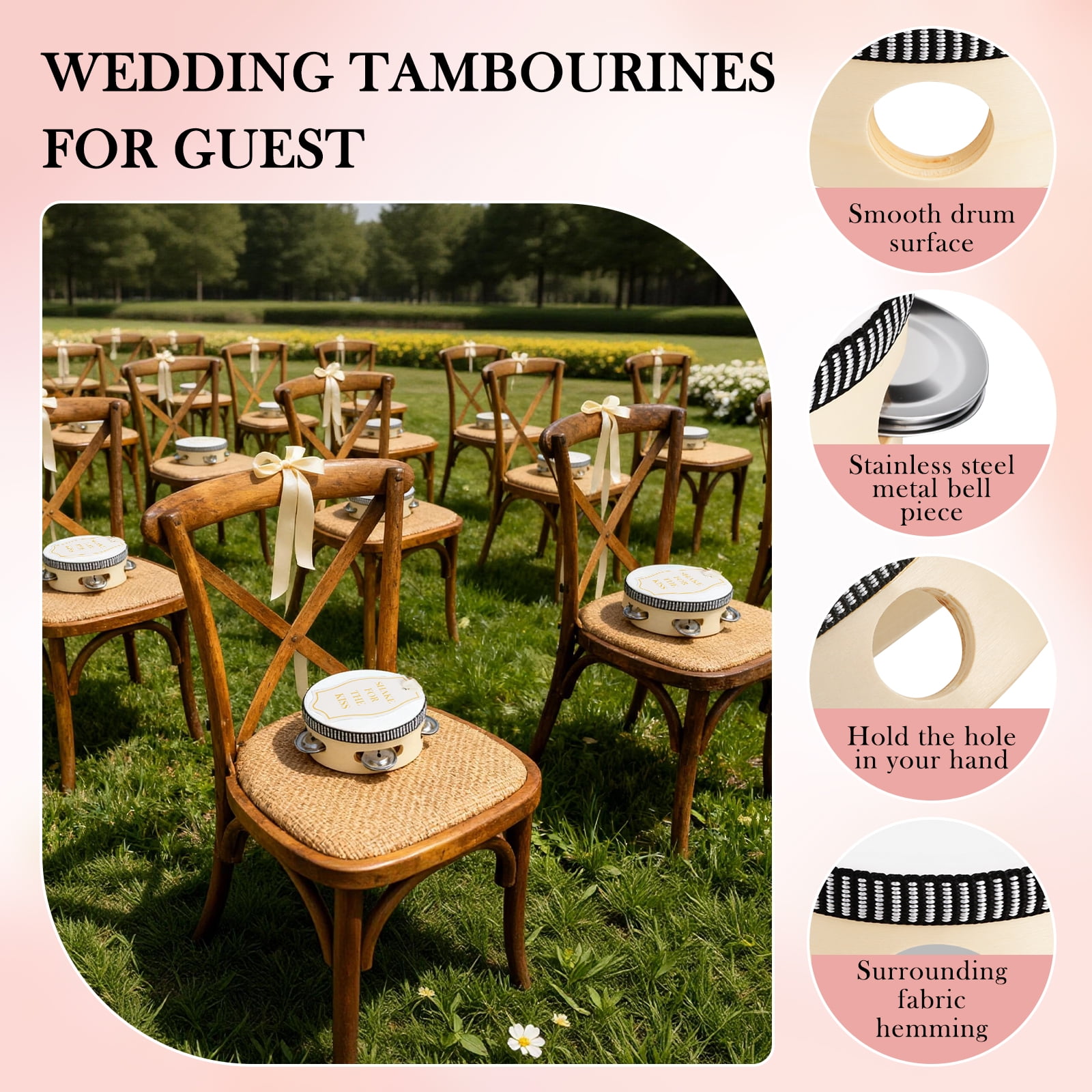 Strafriture 48 Set 4 Inch Tambourine for Hand Held Drum with Gift Tags & White Printed Ribbon Percussion Gift Musical Instrument for Church Wedding Party Favor