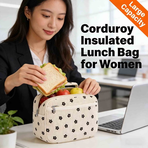 WCUSIHFEW Corduroy Insulated Lunch Bag for Women,Large Capacity Lunch Tote for Lunch Boxes Suitable for Work,School,Picnic or Travel,Beige Floral