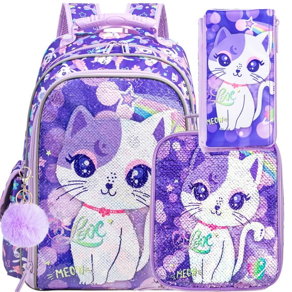 AGSDON 3PCS Cat Backpack for Girls, 16" Kids Sequin Bookbag with Lunch Box, Water Resistant School Bag for Elementary Preschool Toddler