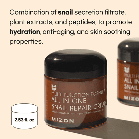 Multi Function Formula All in One Snail Repair Cream 2.53 fl. Oz with 12 Natural Extracts Korean Recovery Cream for Fine Line & Blemish Care