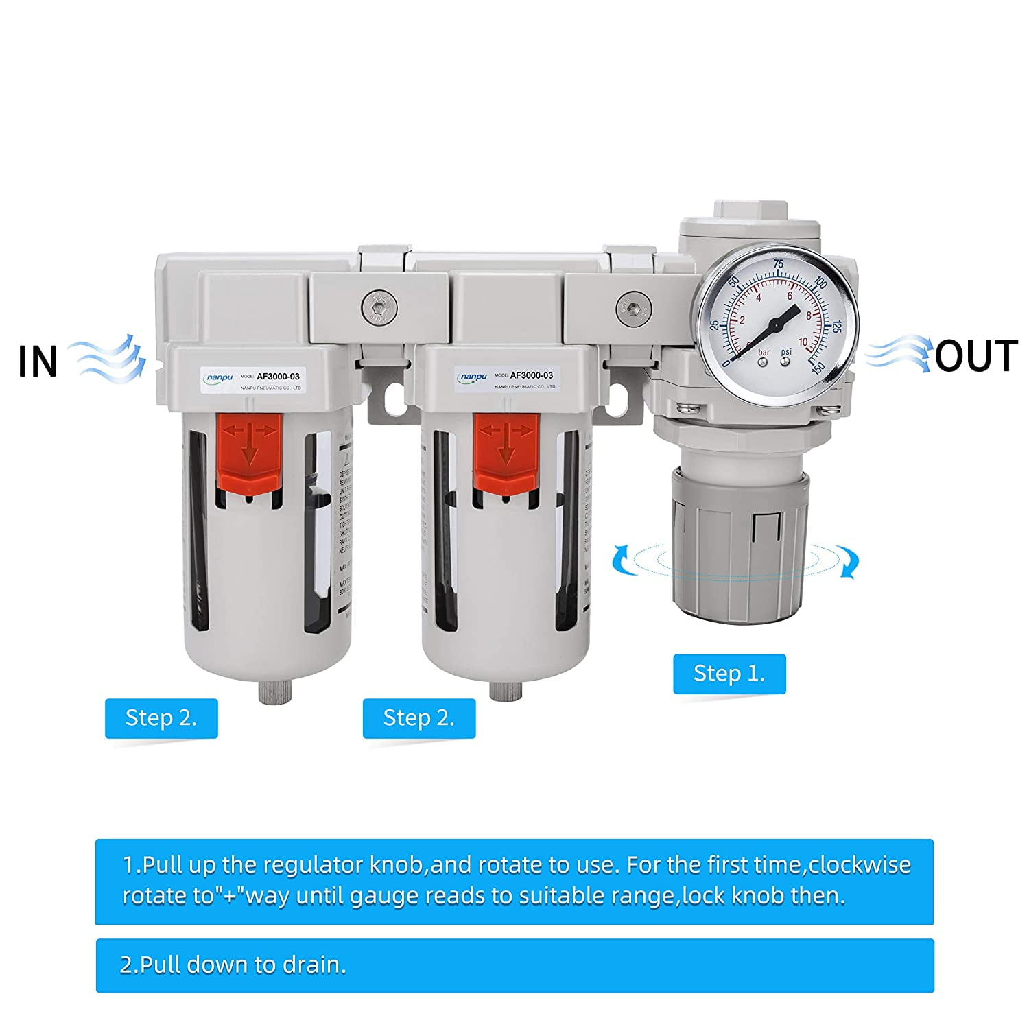 Double Air Filters Poly Bowl Air Pressure Regulator Combo Semi-Auto Drain NANPU 1 NPT Air Drying System 