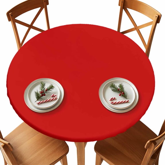 Christmas Round Tablecloth Pure Red Tablecloths with Elastic Edge Fitted Solid Color Table Cover,Waterproof Oil Proof for Dinner,Outdoor, Picnic, Party Fits 36"- 44" Diameter