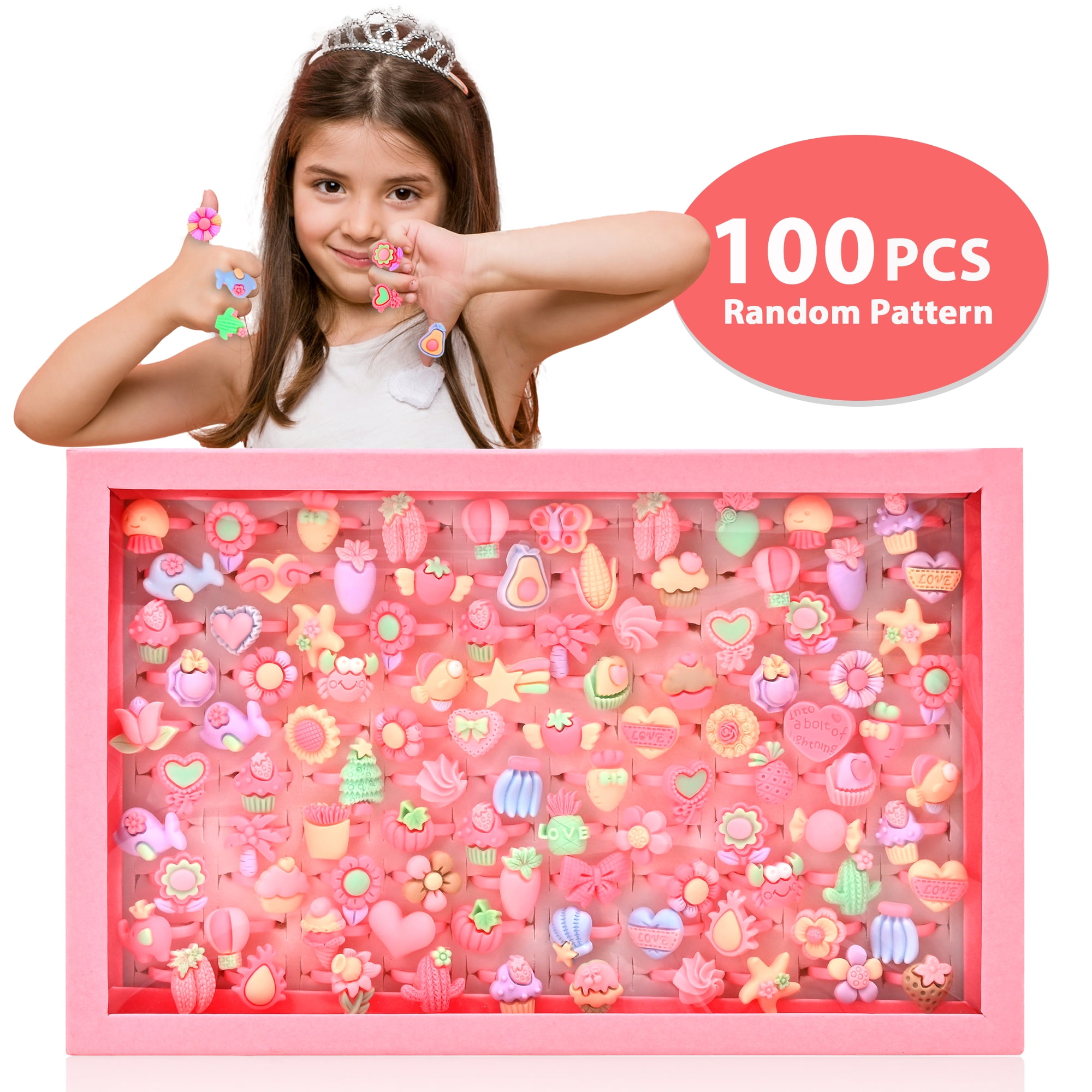 100 PCS Little Girl Jewel Rings Box, Adjustable Girl Pretend Play and