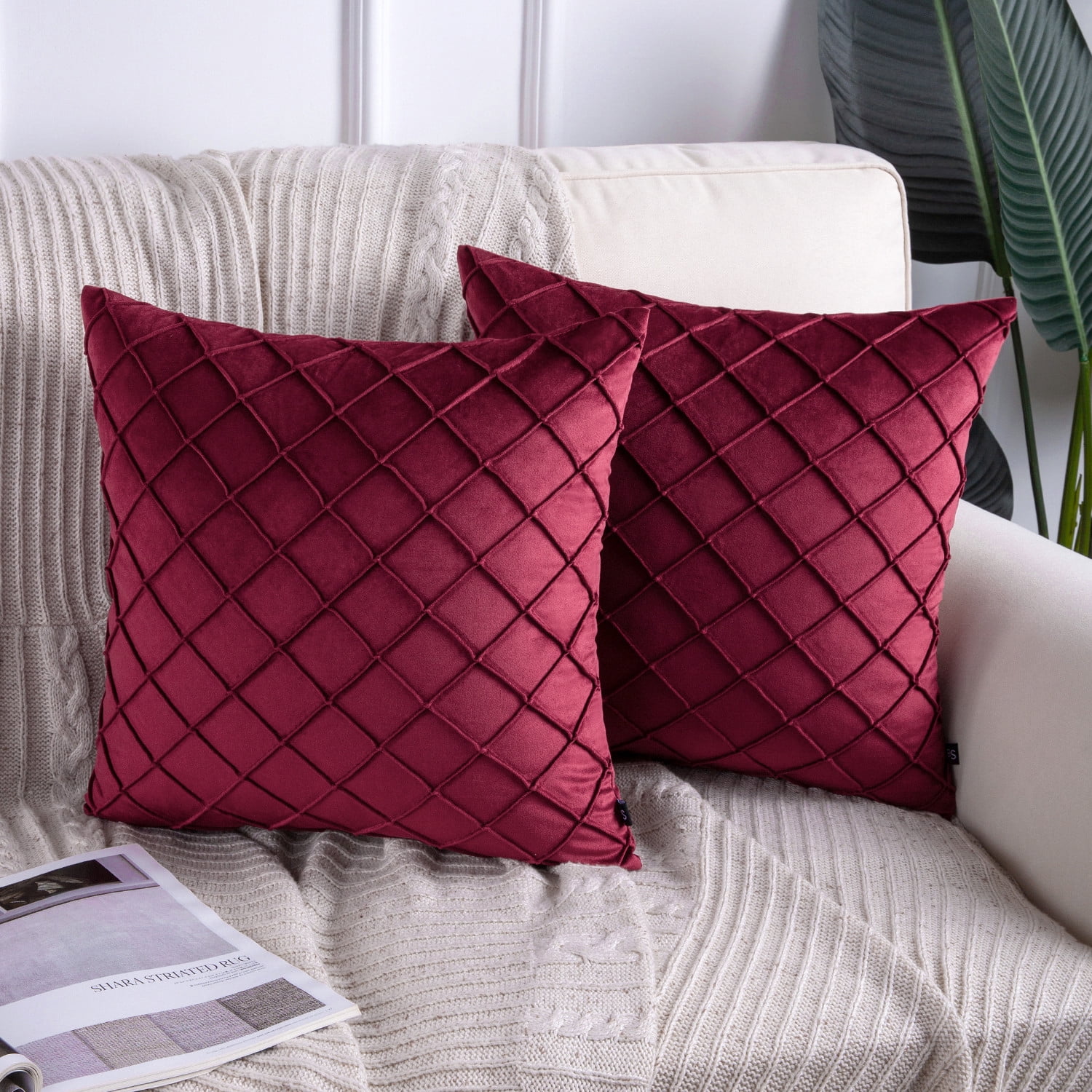 Phantoscope 18"x18" Velvet Pleated Checker Decorative Pillow, Red