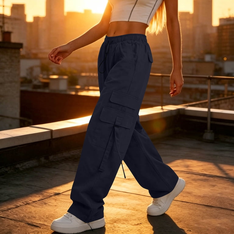 Lmueinov Women's 90s Retro Parachute Cargo Pants Elastic Waist D