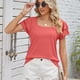 thumbnail image 4 of Camiseta de manga corta con vuelo para mujer, Top de doble capa, holgado, de verano, Color puro, informal, color naranja rosado XL, 4 of 8
