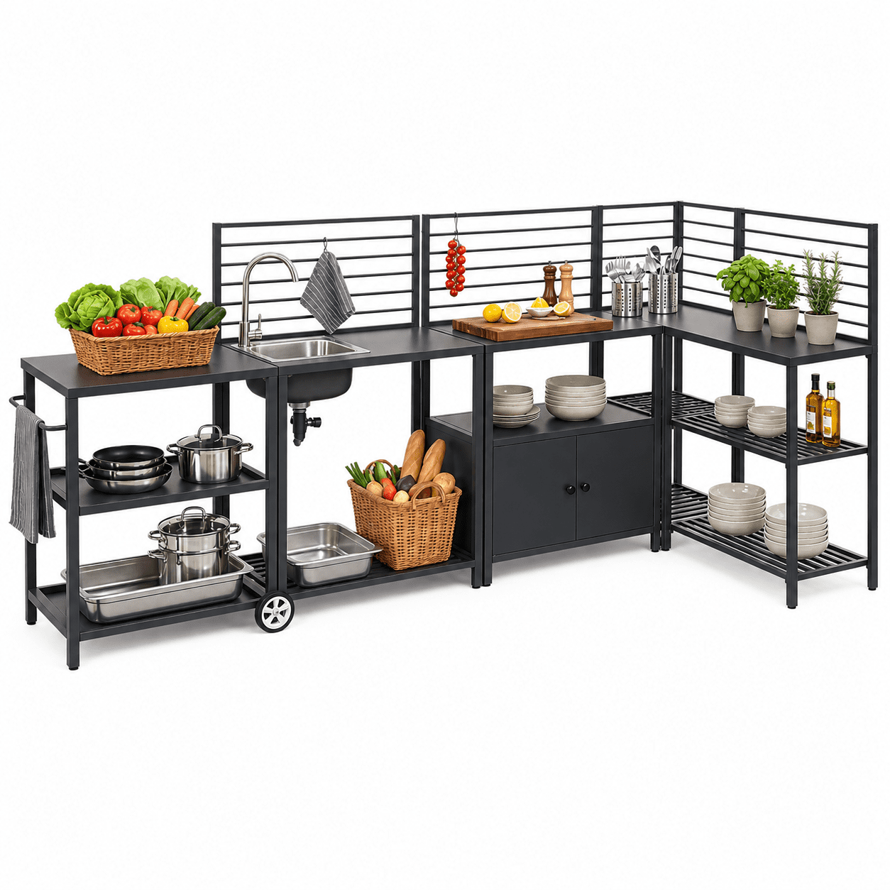 LAUSAINT HOME 5-Piece Modular Outdoor Kitchen Island Set — includes sink, storage cabinets, and shelves. An aluminum cabinet system perfect for patios, backyards, BBQ areas, and decks