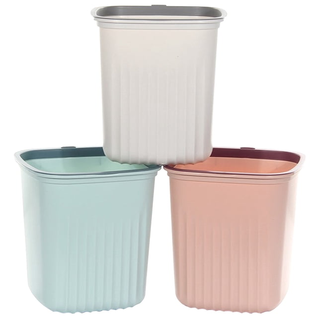 3 botes de basura de plástico para el dormitorio y la oficina, set de tres botes de PP colores surtidos (menta, rosa y blanco) con silueta rectangular redondeada, nervaduras verticales y borde superior con anillo de presión para cambiar bolsas fácilmente; tamaño aprox. 25 x 21.5 x 20.5 cm, también adecuado para organizar artículos sobre el escritorio o baño.