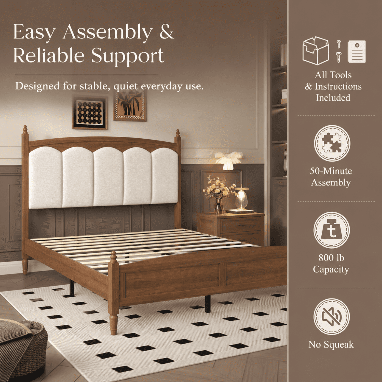Miniyam Queen Size Farmhouse Engineered Wood Platform Bed Frame with Upholstered Headboard, Brown