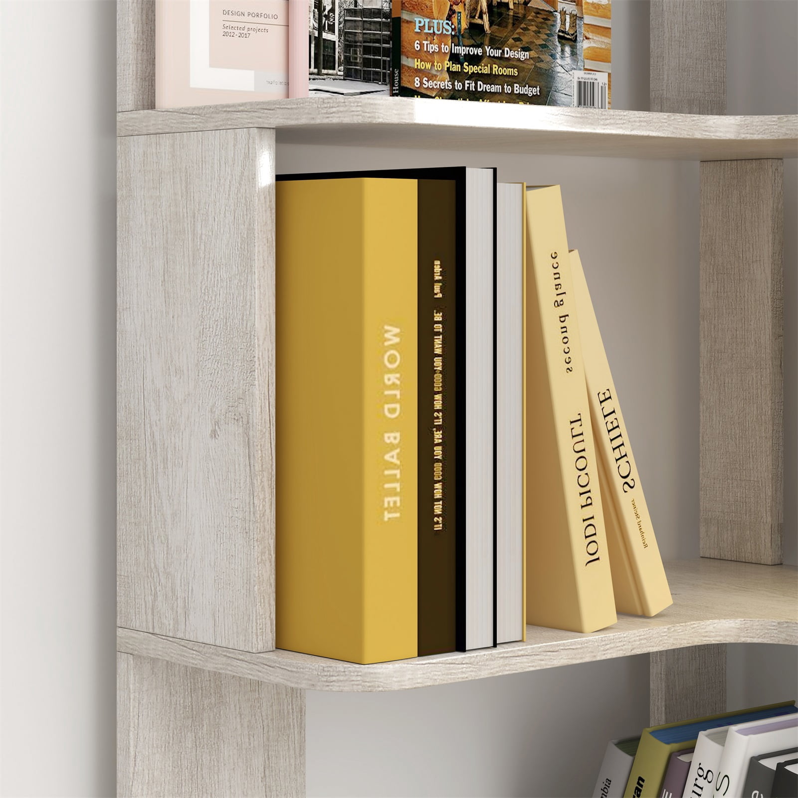 Hommoo 6-Tier Freestanding L-Shaped Corner Bookshelf Display Shelf, Wooden Bookcase Multifunctional Open Storage Rack Organizer, Light Gray