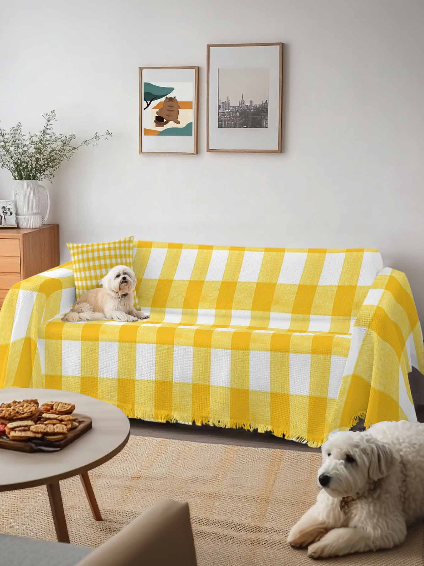 Yellow Couch Cover Sofa Covers 3 Cushion Sectional Couch, Country French Rustic Buffalo Plaid Modern Art Washable Sofa Covers Slipcover Sectional Sofa Cover, Furniture Protector 71"x150"