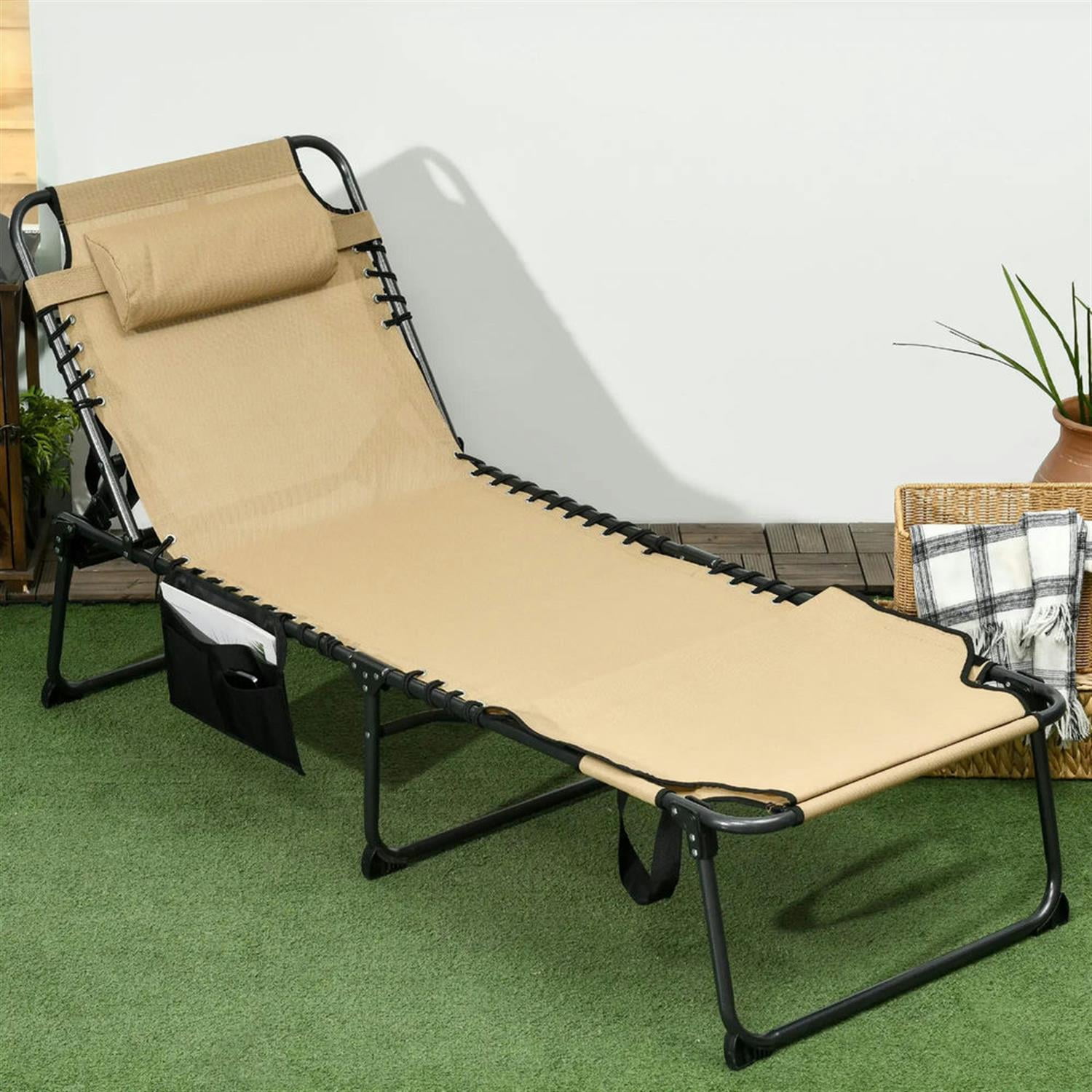 Demi Bonn Outdoor Folding Chaise Lounger with 5-Position Reclining, Built-in Reading Grommet, Side Storage, Pillow Relaxation for Sunbathing, Beige
