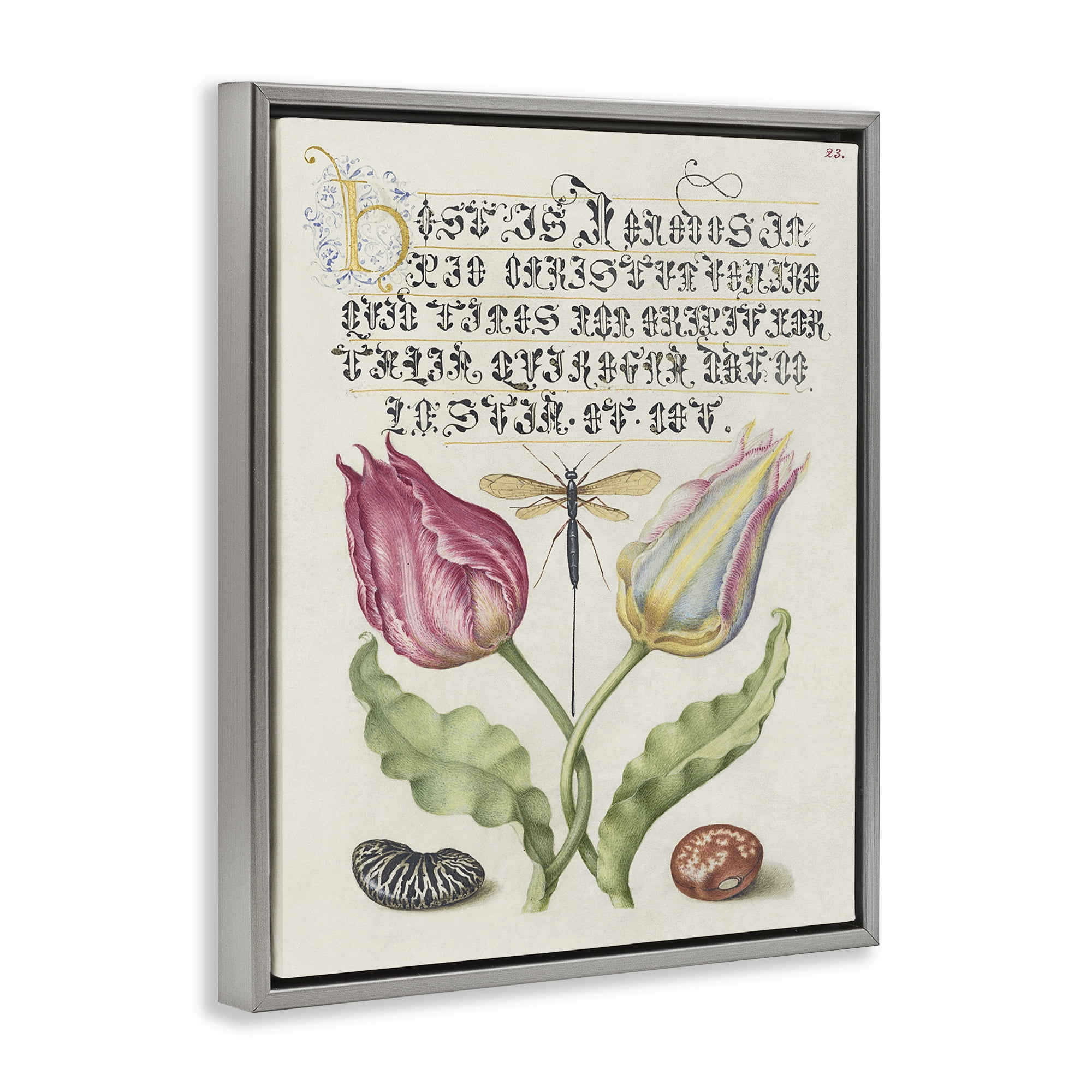 Stupell Industries Vintage Intertwined Flowers Text & Numbers Painting Gray Floater Framed Canvas Art Print Wall Art, 25 x 31