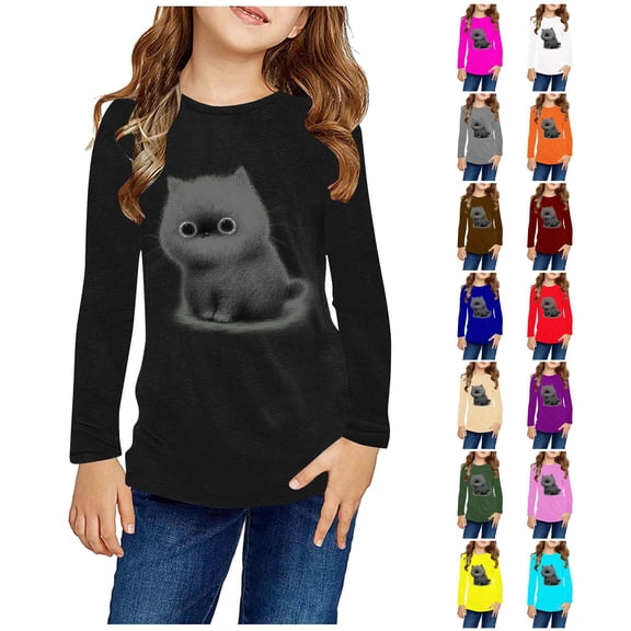 Xinoom Girls Long Sleeve Crew Neck T-Shirt, Fluffy Kitten Graphic Print Tee, Soft Stretchy Casual Pullover, Cute Fashion Top for Girls Army Green,3 Years