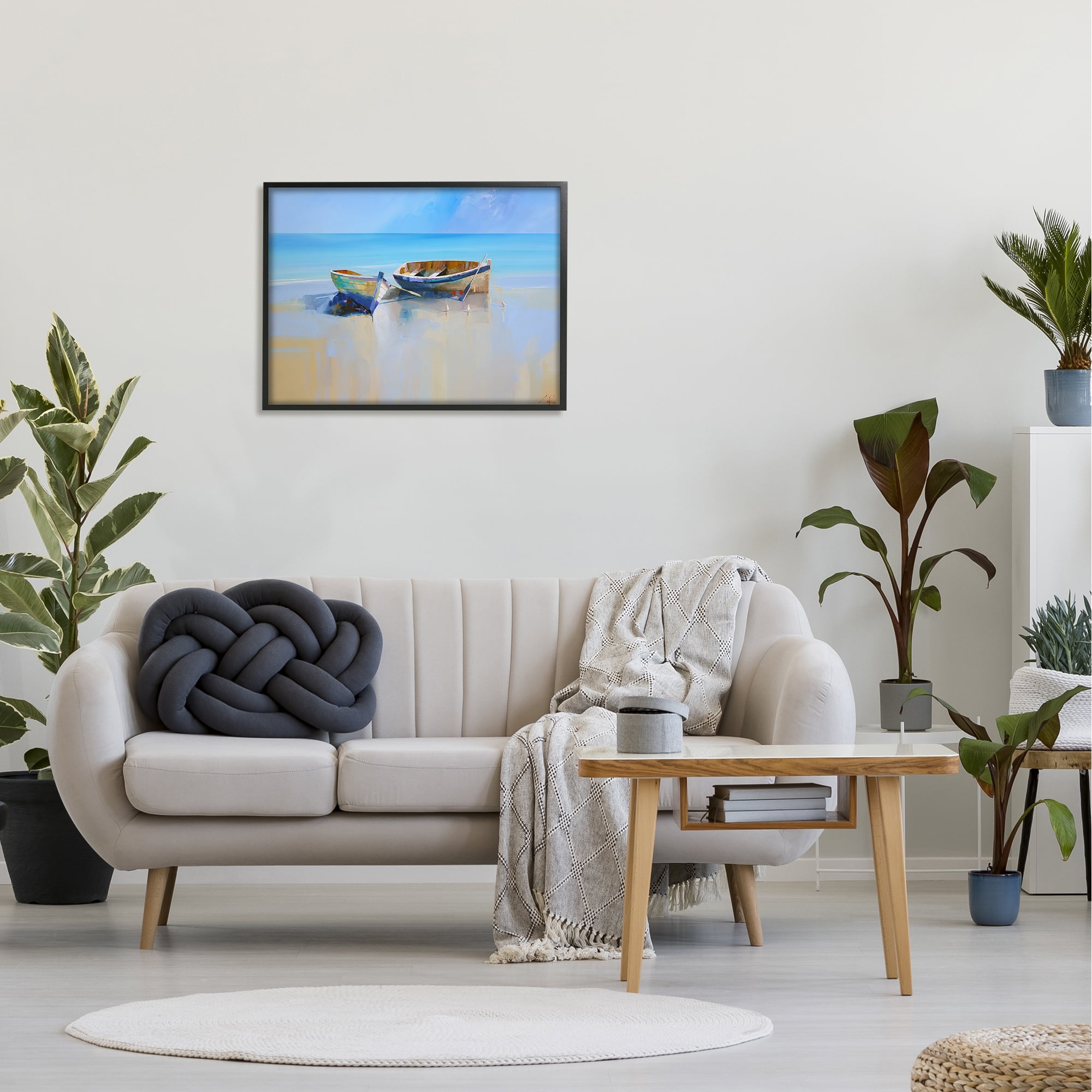 The Stupell Home Decor Two Row Boats at the Shining Shore Painting Framed Texturized Art