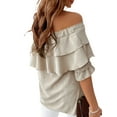 thumbnail image 5 of Sedceaty Women Fashion Wild Shirts Solid Color Boat-Neck Off-Shoulder Half Sleeve Chiffon Blouses Summer Casual Ruffles Tie-Up Tops, 5 of 6