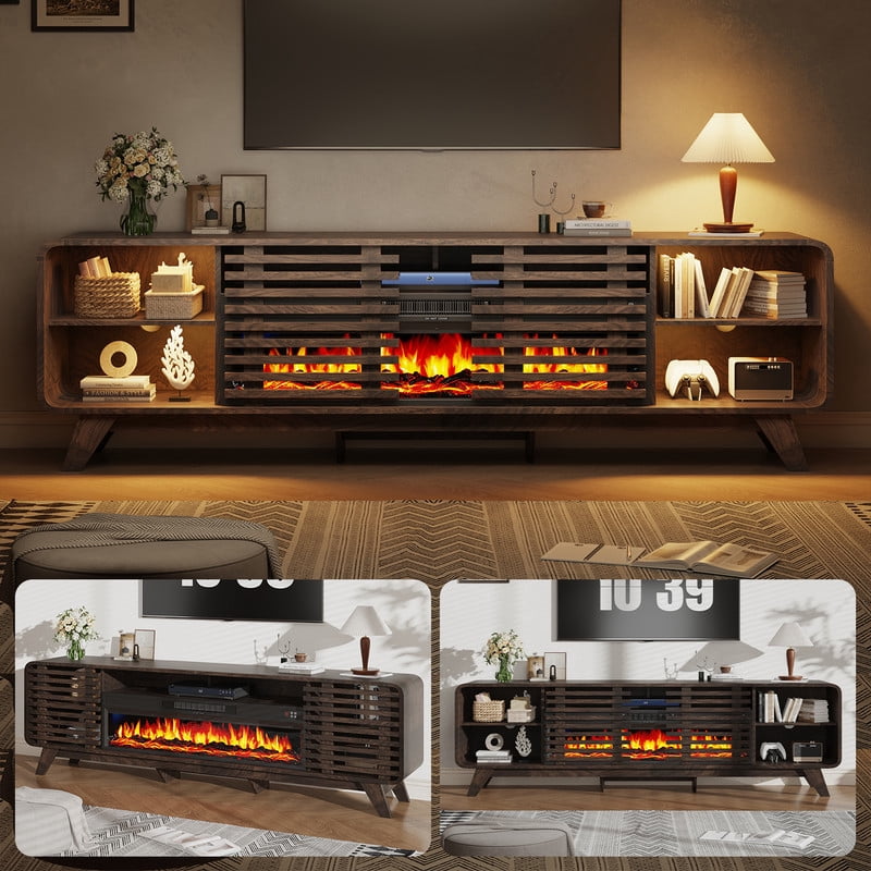 BaPiPro Mid‑Century Modern Fireplace TV Stand with 40 Inch Electric Fireplace 12‑Color RGB LED Lights Fits TVs up to 90 Inch Wood Media Console with Slatted Sliding Doors for Living Room Brown