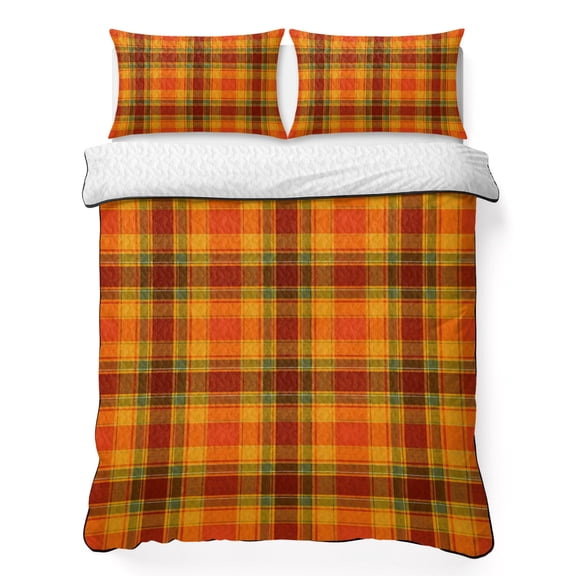 Twin XL Quilt Set, Fall Orange and Green Plaid Lightweight Quilt Sets Summer Comforter Coverlets with 2 Pillow Shams, Autumn Tartan Checkered Breathable 3 Piece Bedding Set for All Seasons