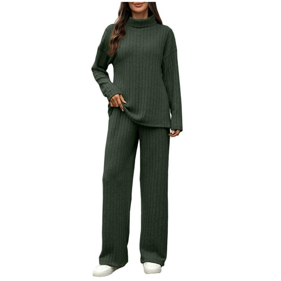 Yghzkop Womens Knitted Two Piece Set Round Neck Long Sleeve Blouse and Elastic Waist Wide Leg Pants Solid Color Ribbed Top with Pocket Trousers Casual Chic Loungewear office Wear