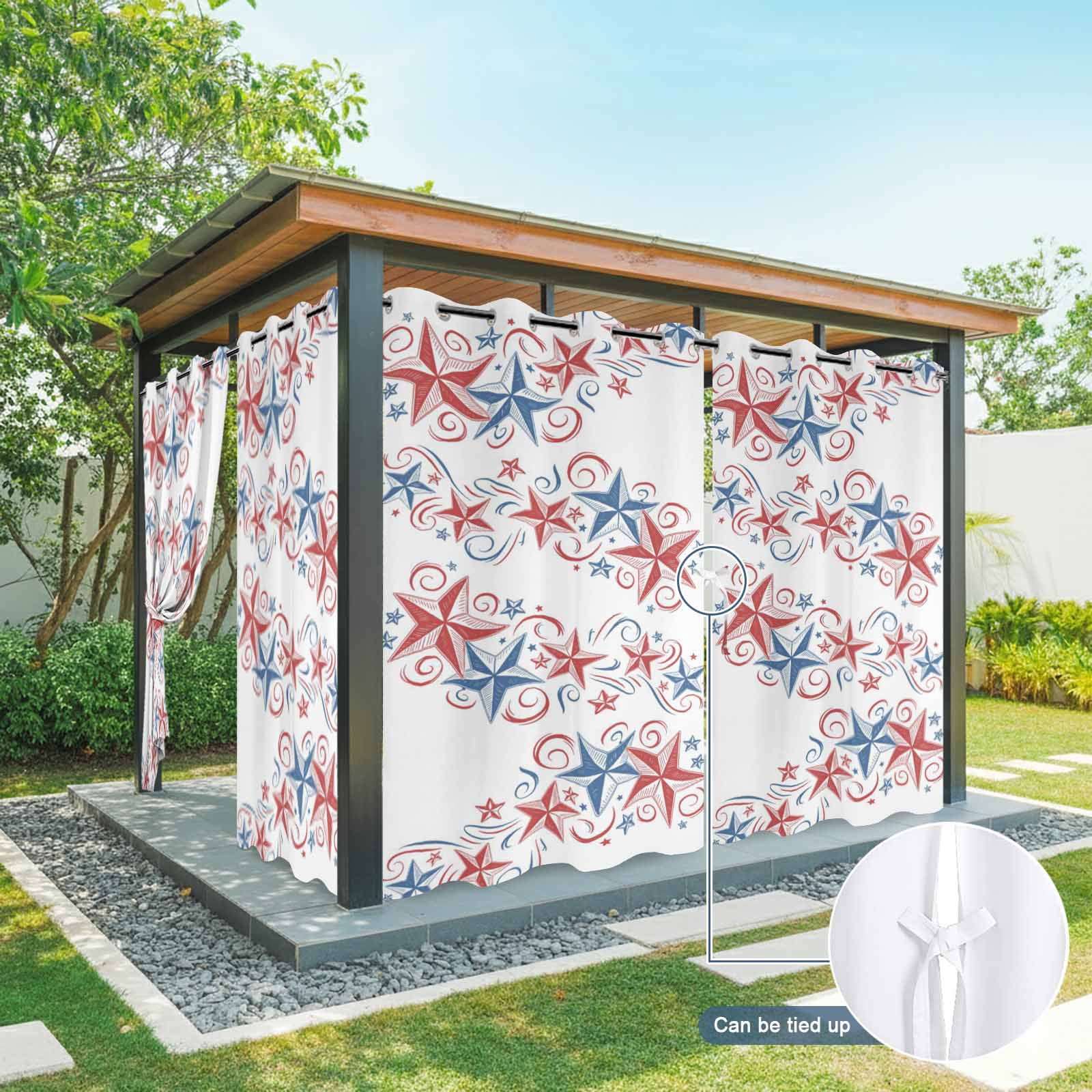 Independence Day Star Outdoor Curtains for Patio, 4th of July American Flag Red Blue Star Sunshade Privacy Drapes Grommet Waterproof Outside Curtains for Porch/Cabana/Balcony 54"x 84", 1 Panel