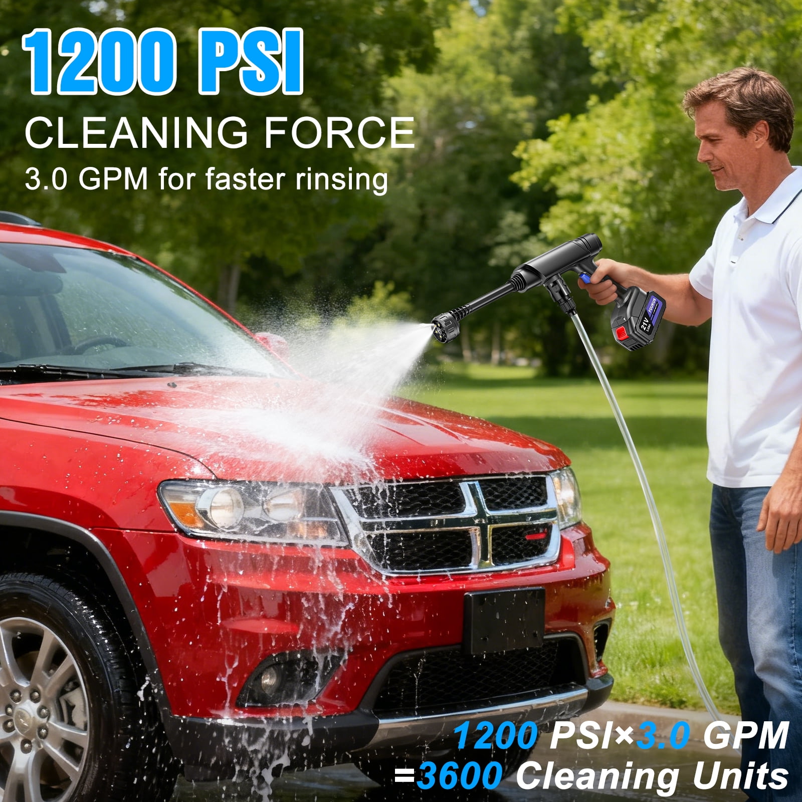 FOUKUS Cordless Pressure Washer 1200PSI Portable Power Cleaner: 6-in-1 Nozzle Jet & Foam Sprayer, 21V Battery Powered Electric High-pressure System with 20FT Hose for Home, Garden & Car Wash