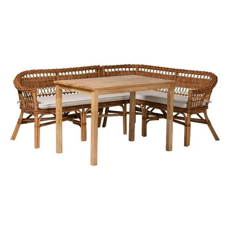Kingfisher Lane 3-Piece Wood & Rattan Dining Nook Set in Brown