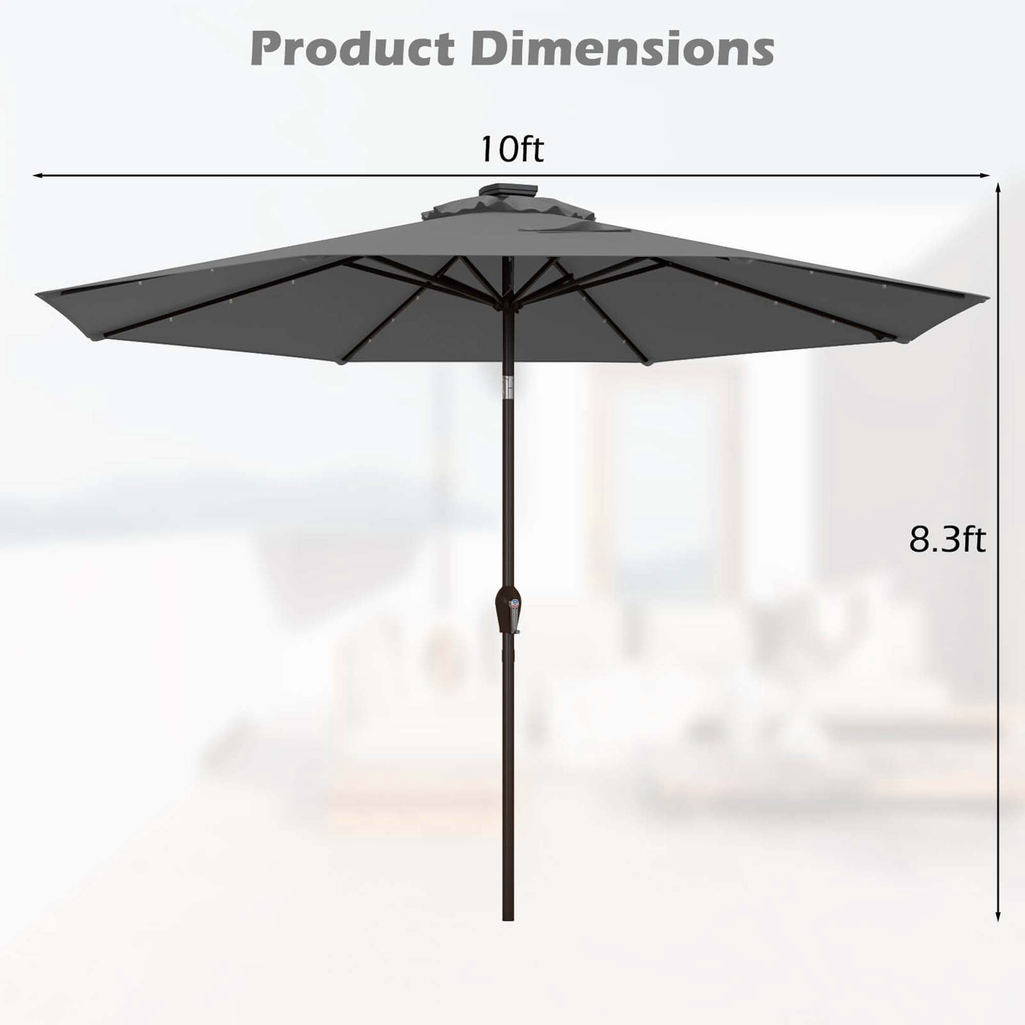 Costway 10FT Patio Solar Umbrella LED Patio Market Steel Tilt with Crank Outdoor Gray