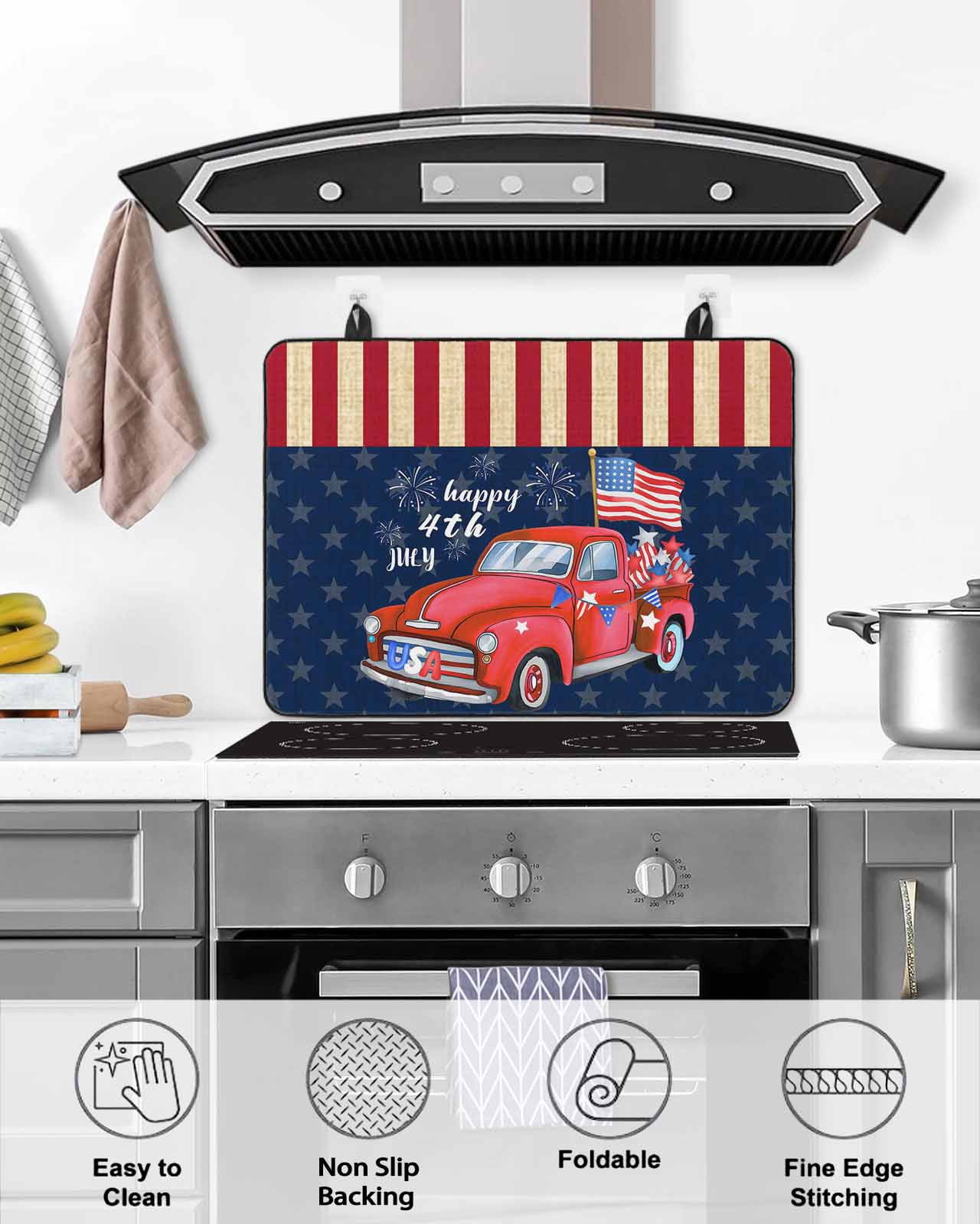 Large Induction Cooktop Protector Mat 4th of July Stove Top Covers for Electric Stove, Patriotic Red Truck American Flag Star Firework Decorative Stove Burner Cover Mats, Glass Top Stove Cover