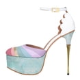thumbnail image 3 of FSJ Women Graceful Stiletto Platform High Heel Pumps Ankle Strap Rainbow Round Closed Toe D'Orsay Sandals Dress Wedding Shoes Size Size 6.5 White Blue, 3 of 5