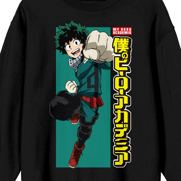 My Hero Academia Deku Logo Crew Neck Long Sleeve Black Adult Sweatshirt Large