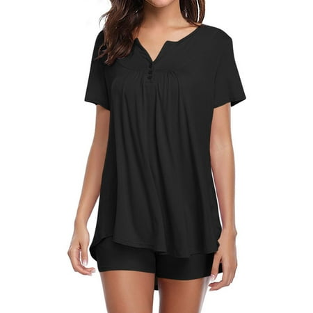 

Women Solid Color V Neck Short Sleeve Button Sleepwear Set