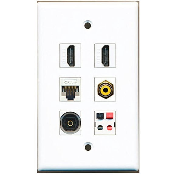 RiteAV - 2 HDMI 1 Port RCA Yellow 1 Port Toslink 1 Port Cat5e Ethernet White 1 Port Speaker Wall Plate