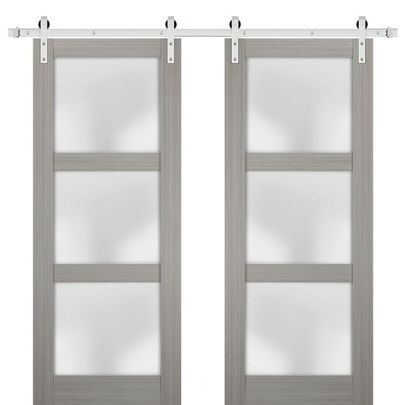 Sturdy Double Barn Door 64 x 80 inches with Frosted Glass | Lucia 2552 Grey Ash | Stainless Steel 13FT Rail Hangers Heavy Set | Solid Panel Interior Doors