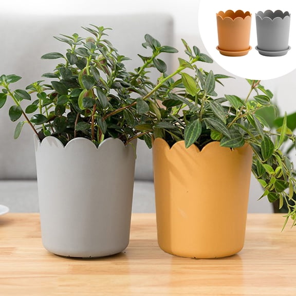 Plastic Flower Pot with Drainage Hole and Saucer, 6 Inch Decorative Resin Planter with Petal Rim, Frosted Indoor Outdoor Plant Pot for Houseplants, Succulents, Herbs
