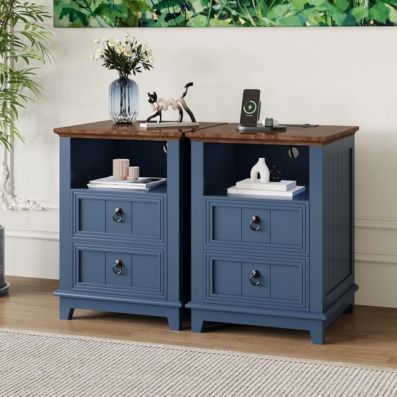 Nightstand Set of 2, Blue Wooden Farmhouse End Table Bed Side Table with with Charging Station 2 Drawers and Open Shelf for Bedroom Living Room