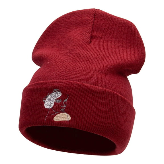 Abstract Woman Embroidered Long Knitted Beanie - Maroon OSFM