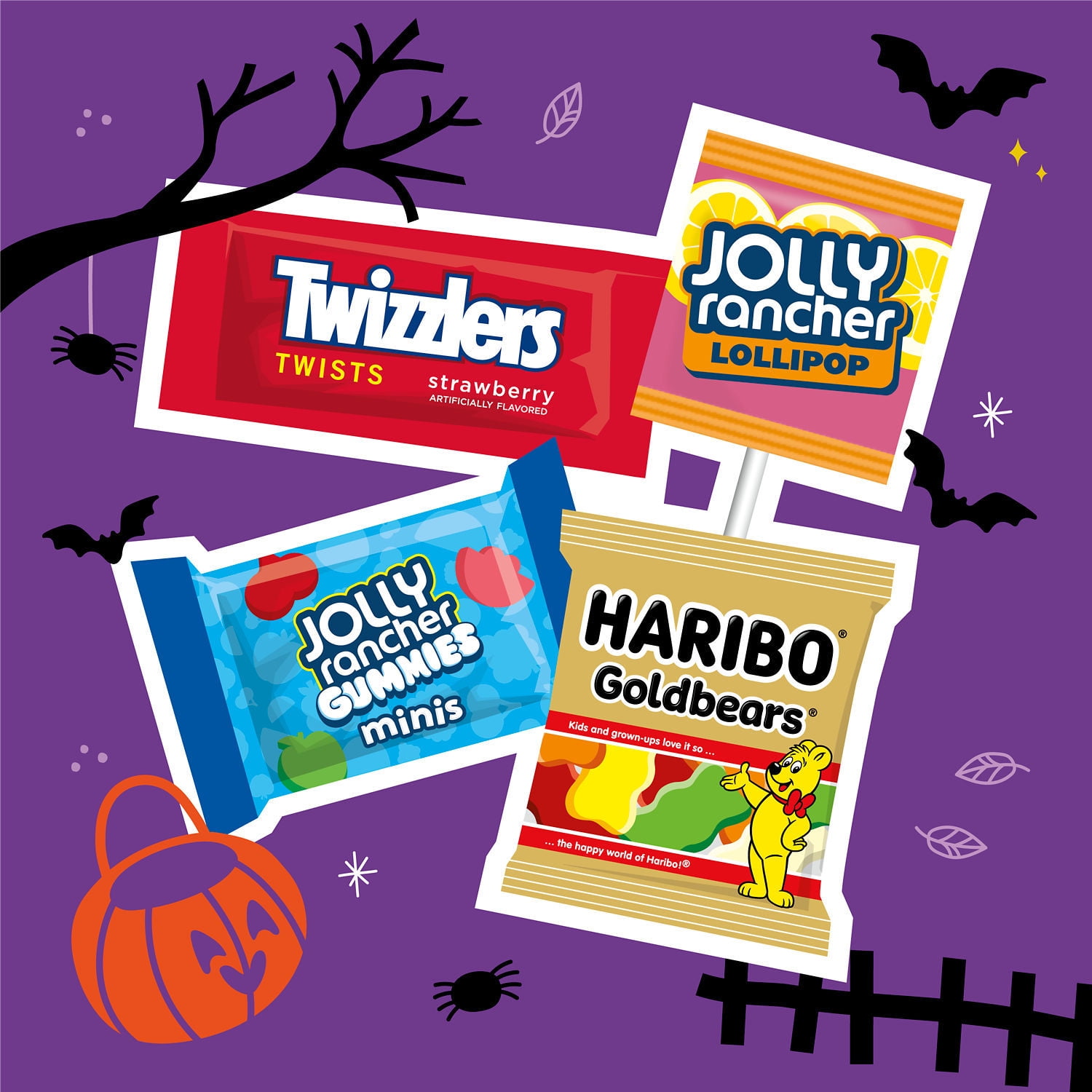 Haribo, Jolly Rancher And Twizzlers Assorted Fruit Flavored Halloween Candy, Bag 17.22 oz, 50 Pieces