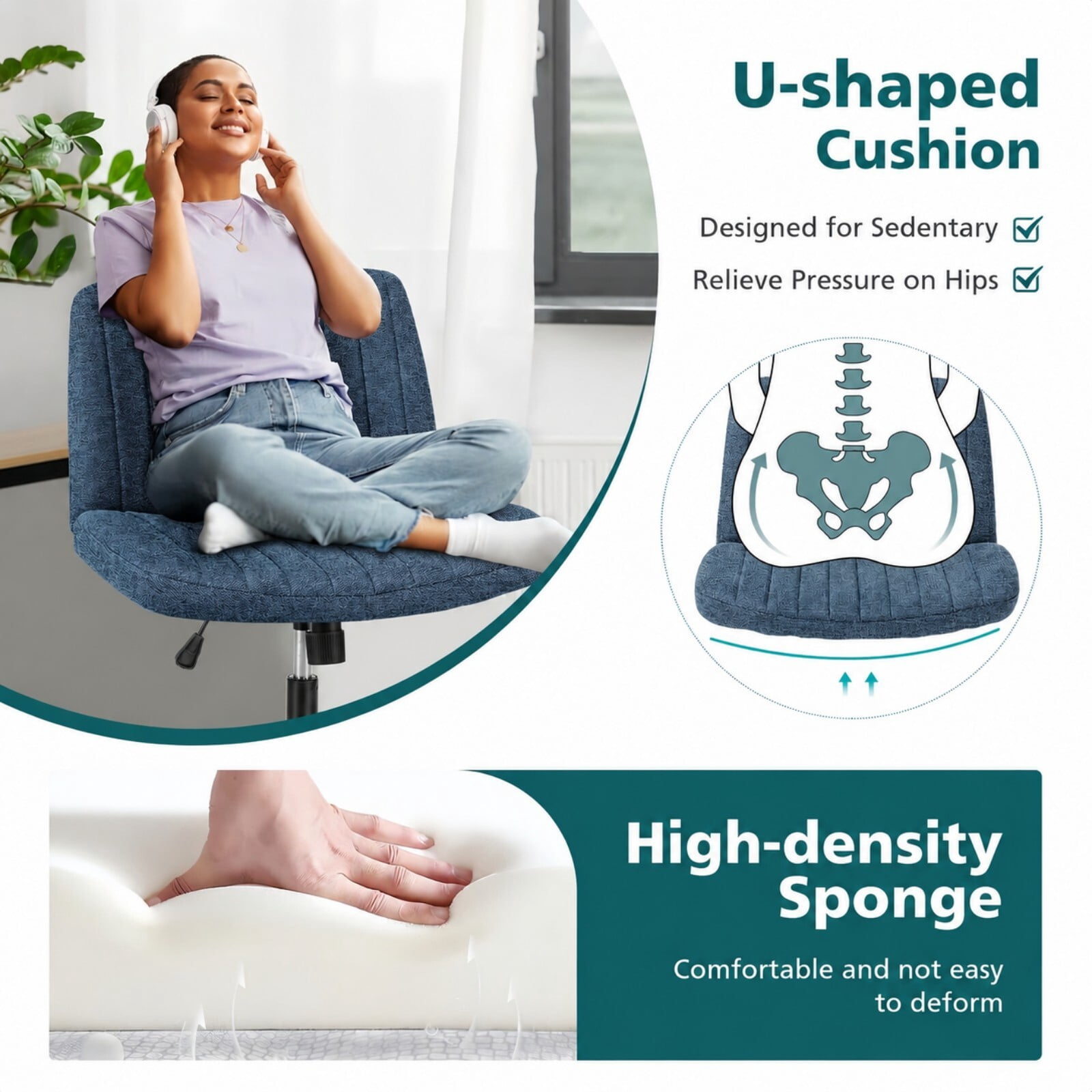 Kelno Armless Criss Cross Office Chair with Wheels 300lb Capacity Wide Seat Cross Legged Desk Chair Height Adjustable Swivel Vanity Chair, Blue Linen
