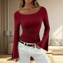 Women's Long Sleeve Shirts Crop Tops Boat Neck Bell Sleeve Ribbed Ruched Shirt (Red M)