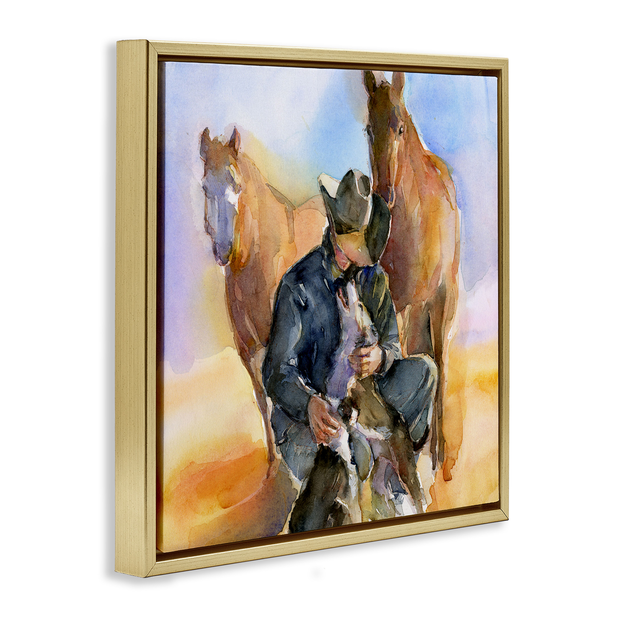 Stupell Industries Cowboy & Animals Watercolor Animals & Insects Painting Gold Floater Framed Canvas Art Print Wall Art, 25 x 25