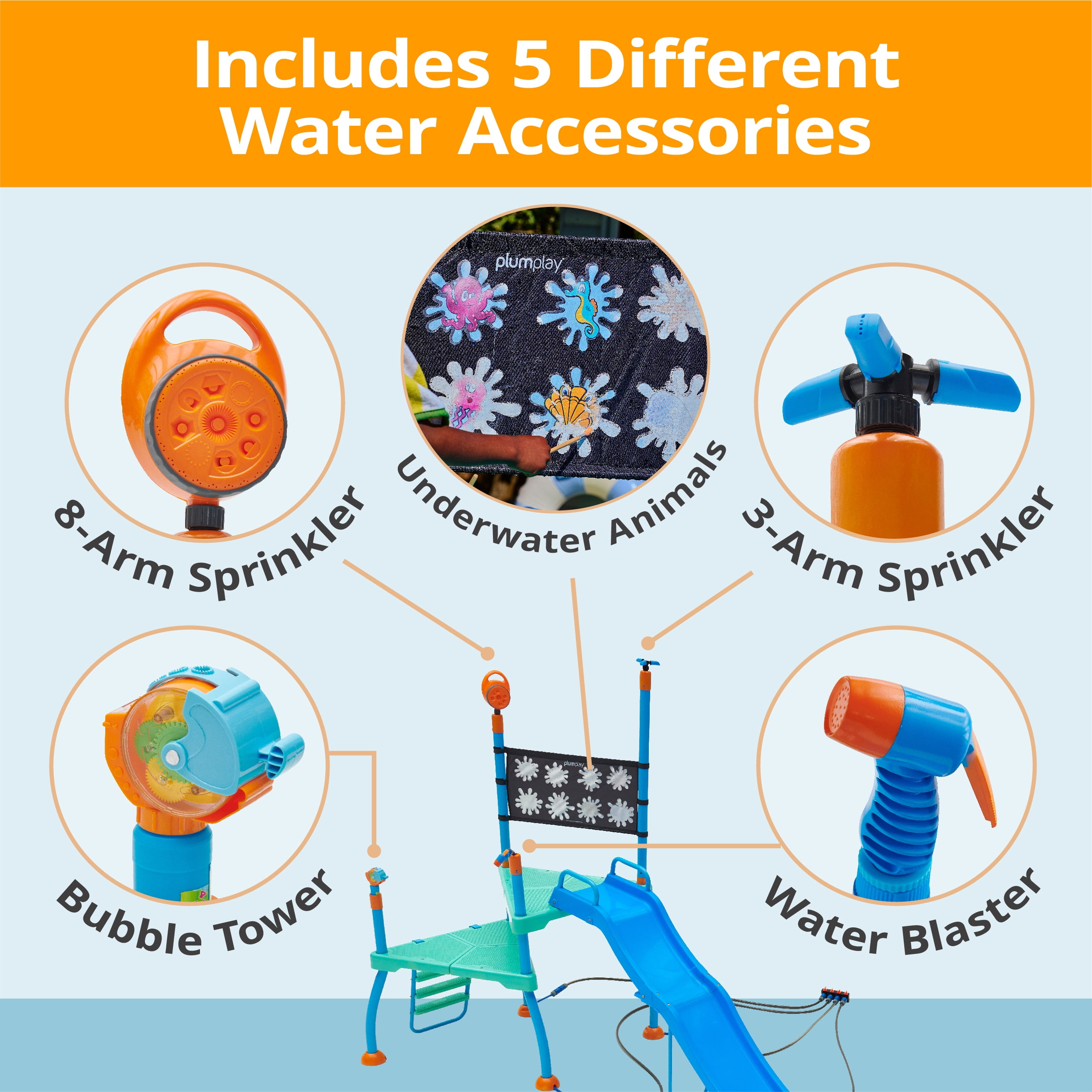 Plum Play Kids Outdoor Water Slide Play Equipment - with Built-in Toy Sprinklers, Backyard Waterpark with Bubble Blower, Coloring Wall 3 Years+, Up to 220 lbs (Shower Tower)