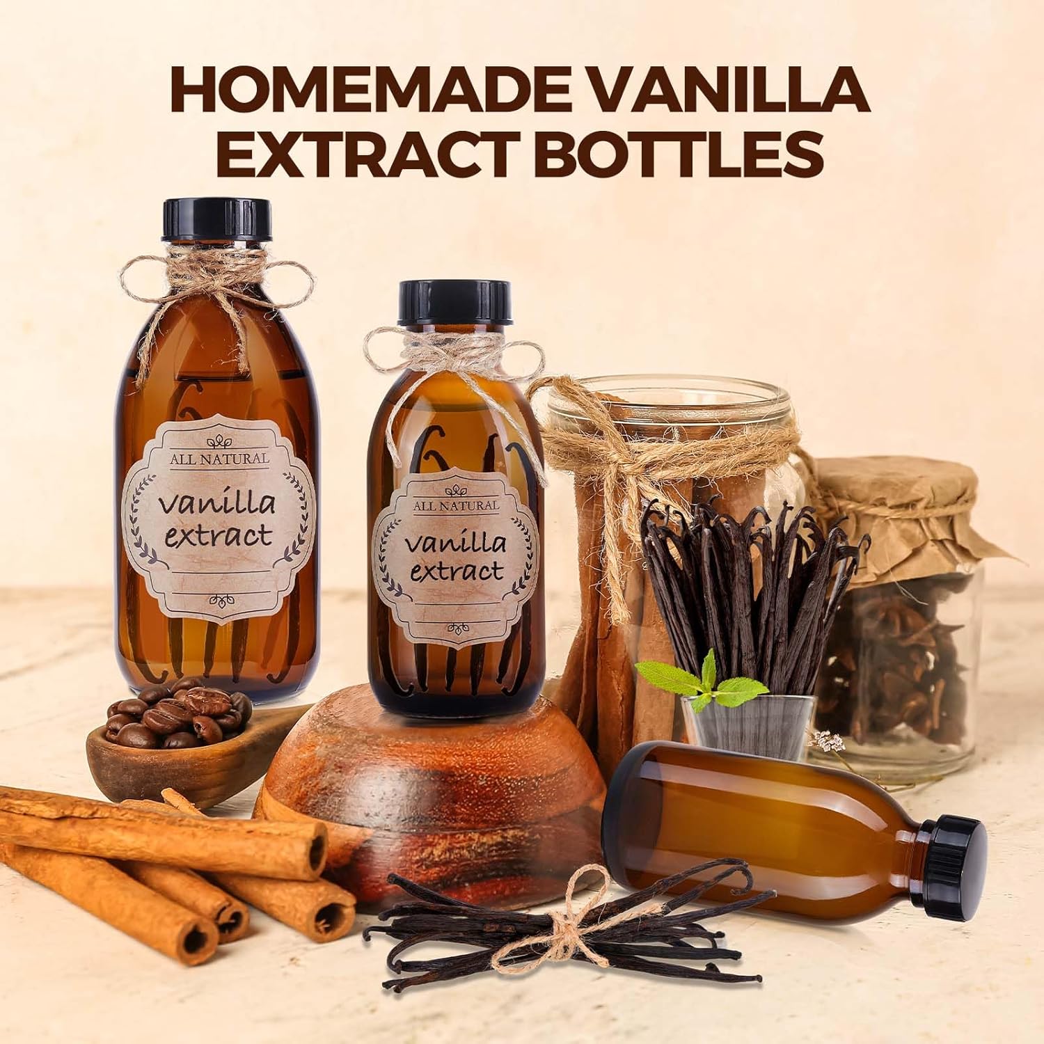 12 Pack, 8 OZ Amber Glass Bottles with Caps Leakproof Refilllable Empty Brown Boston Sample Dispensing for Homemade Vanilla Extract, Essential Oils, Potion, Juice, Ginger Shots, Liquids
