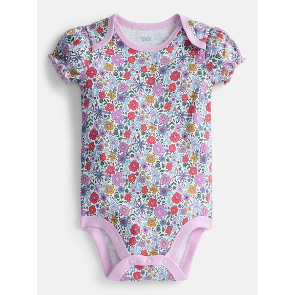 Wonder Nation Baby Girls' Graphic Cotton Bodysuit with Short Puff Sleeves, Sizes 0M-24M